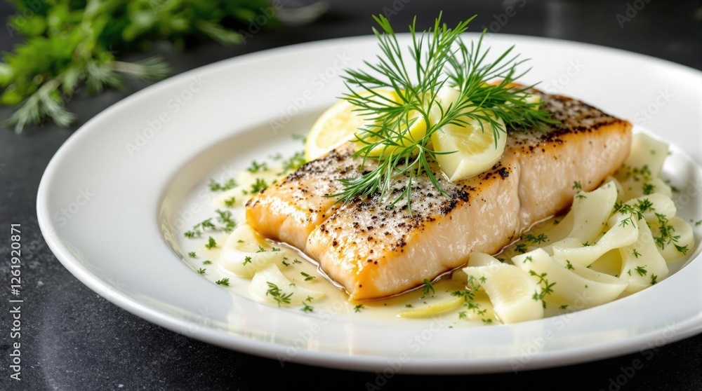 Grilled salmon with lemon dill and fennel on an elegant serving plate Grilled salmon with lemon dill and fennel on an elegant serving plate