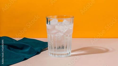 glass of water on orange background, Glass with water and ice cubes on a orange background