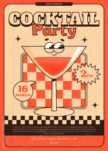 Groovy character cocktail. Retro summer party invitation poster, flyer with alcoholic or nonalcoholic beverage. Vintage vector illustration 70s, 80s style for cafe, bar, pub, lounge. Red colors