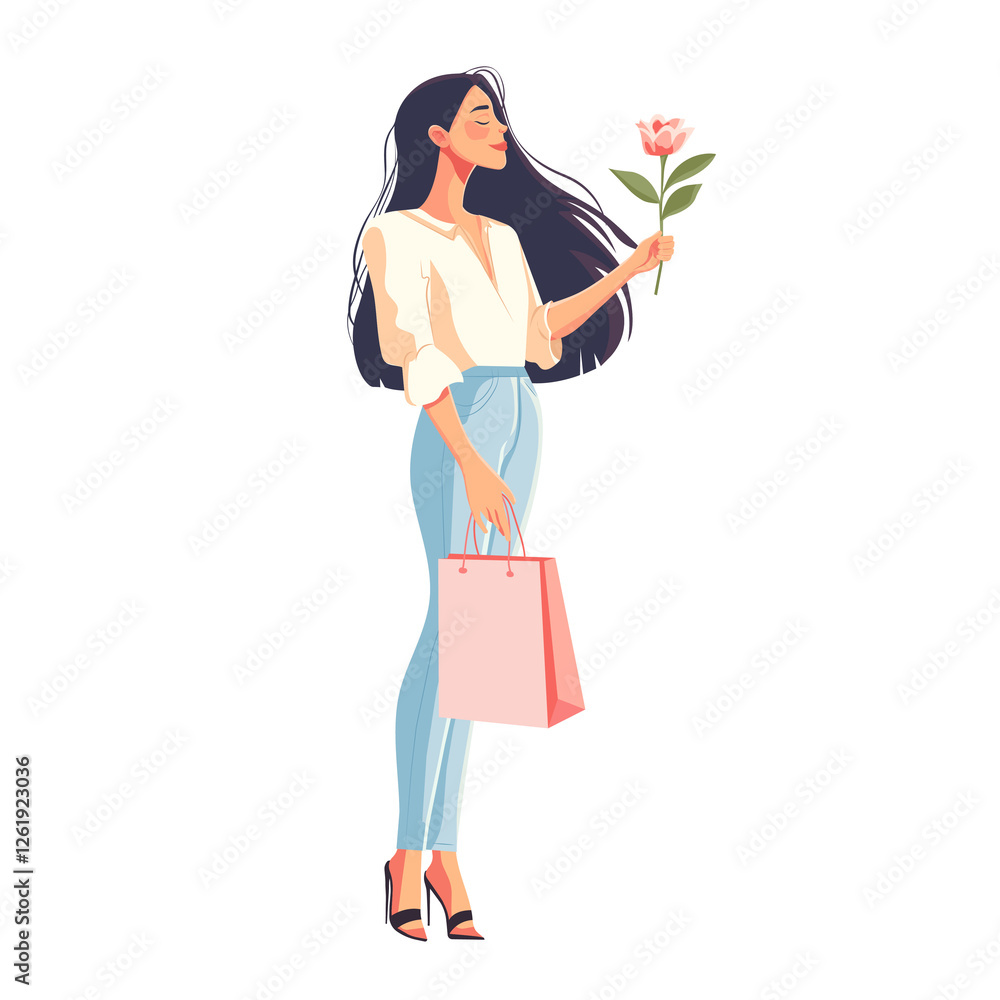 A nice young woman in a blouse and jeans holds a package in one hand and a spring pink flower in the other. Cartoon illustration. A nice young woman in a blouse and jeans holds a package in one hand and a spring pink flower in the other. Cartoon illustration.