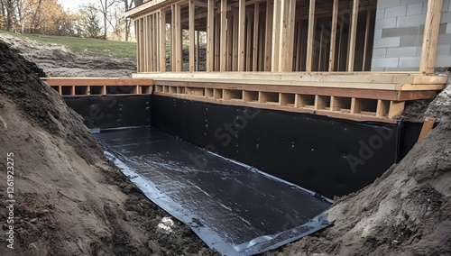 Basement waterproofing installation, under-construction house
