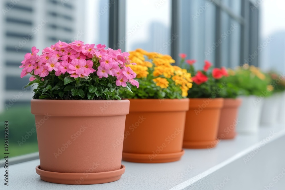 Obraz premium Close-up of vibrant flower pots in an urban garden bright city building photography