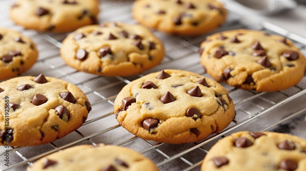 Freshly baked chocolate chip cookies cooling on a wire rack Freshly baked chocolate chip cookies cooling on a wire rack