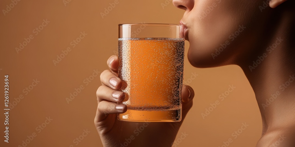 A person sips a fizzy orange drink from a clear glass, highlighting refreshing bubbles against a warm, neutral background. A person sips a fizzy orange drink from a clear glass, highlighting refreshing bubbles against a warm, neutral background.