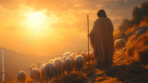 Shepherd guiding flock at sunset, mountainous landscape, peaceful scene, religious imagery, stock photo