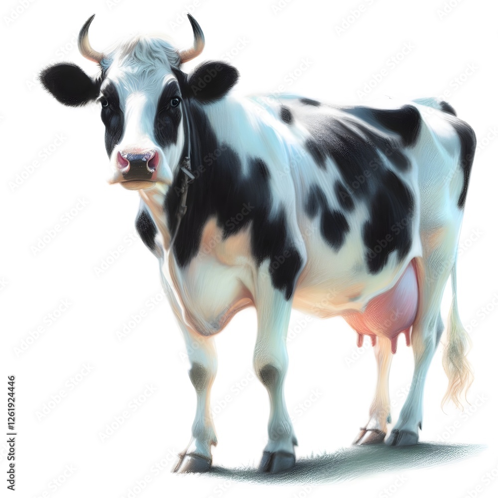 Fototapeta premium 흰 배경, 젖소(홀스타인), 파스텔화, jpeg (white background, milk cow (Holstein), pastel painting, jpeg) 