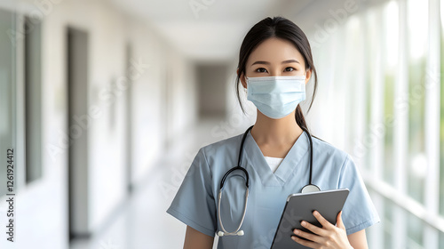 Confident Asian Med Woman Holding a Table in Modern Office Setting