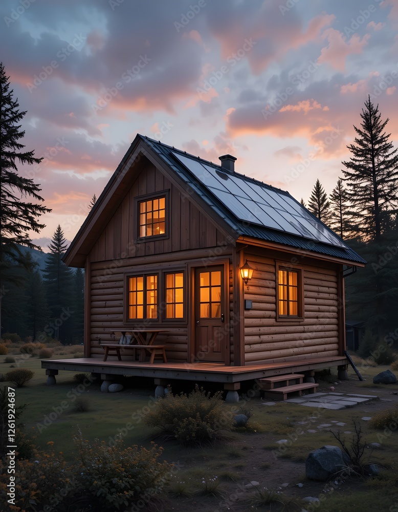 A cozy tiny house with solar panels on the roof, surrounded by lush green nature under a bright blue sky. A cozy tiny house with solar panels on the roof, surrounded by lush green nature under a bright blue sky.
