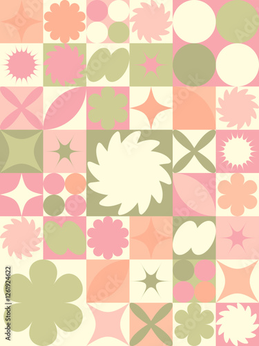 bauhaus poster with different shapes, stars, flowers, pastel colors