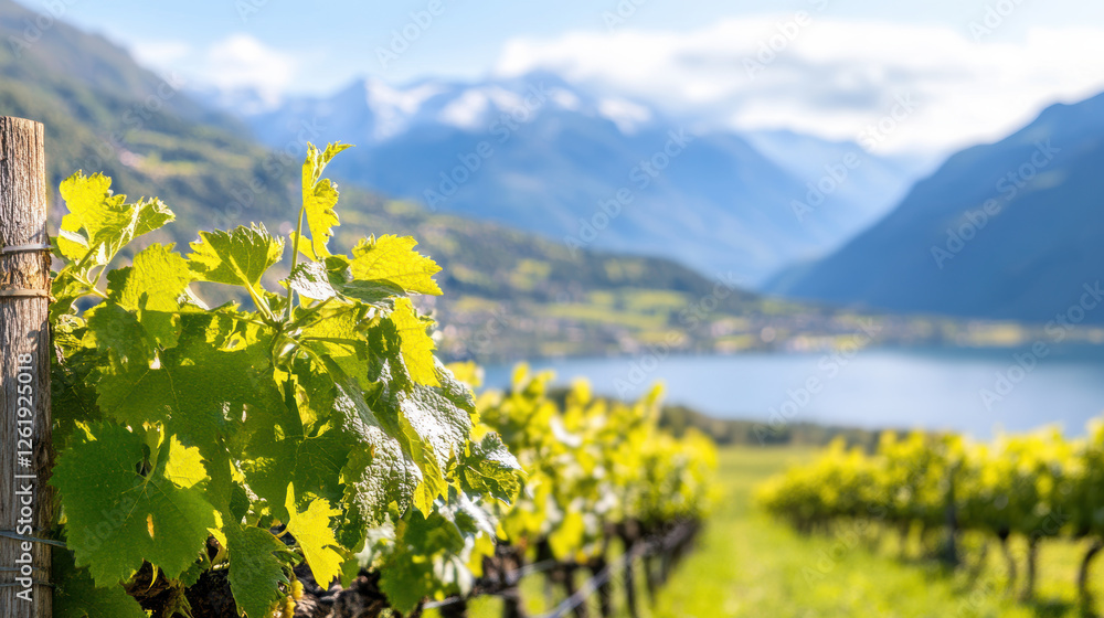 Scenic vineyard landscape with lush green vines in a sunny valley Scenic vineyard landscape with lush green vines in a sunny valley