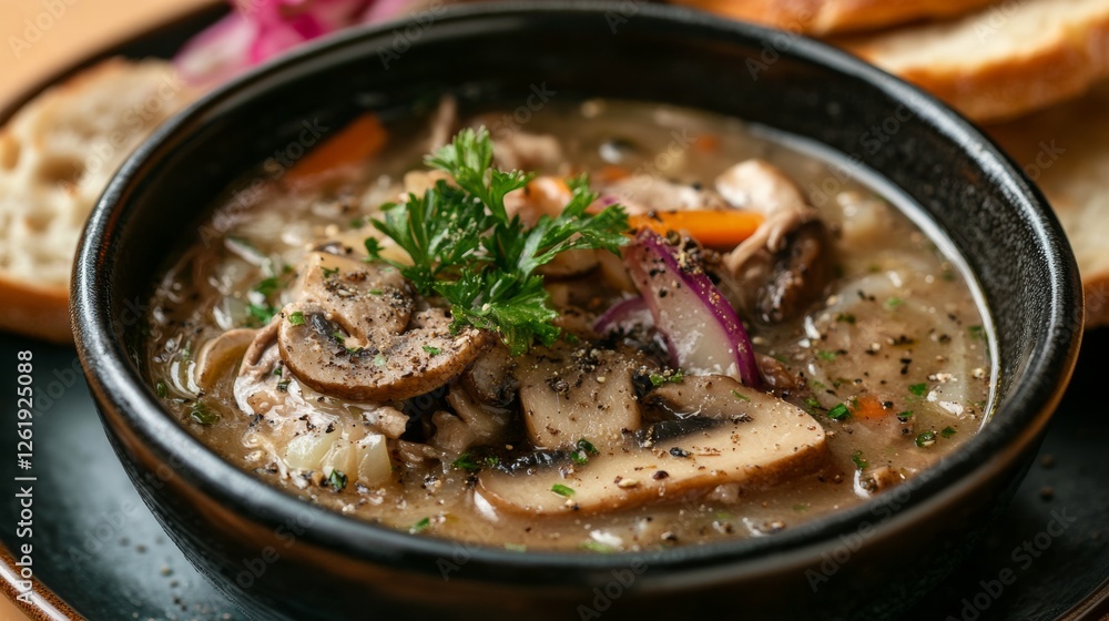 A creative fusion pork and mushroom soup with fusion spices, served with toasted bread and a side of pickled vegetables,