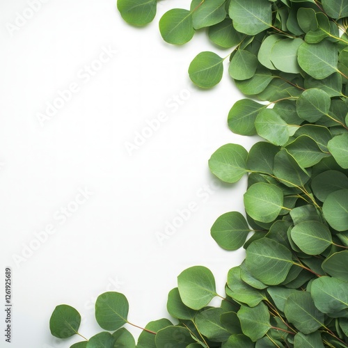 Green Eucalyptus Leaves Border on White Background