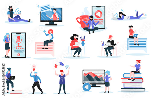 Online training set with professional lecturers giving lessons on internet and students using gadgets vector illustration