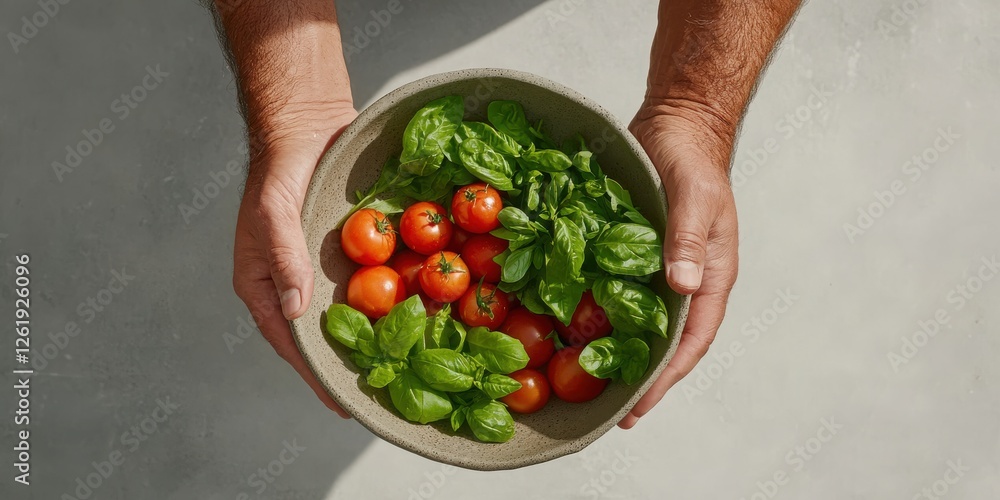 A pair of hands holds a bowl filled with fresh tomatoes and basil, showcasing vibrant colors and a healthy culinary theme. A pair of hands holds a bowl filled with fresh tomatoes and basil, showcasing vibrant colors and a healthy culinary theme.