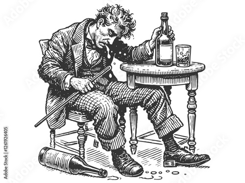 Drunken Man with Bottle engraving vector