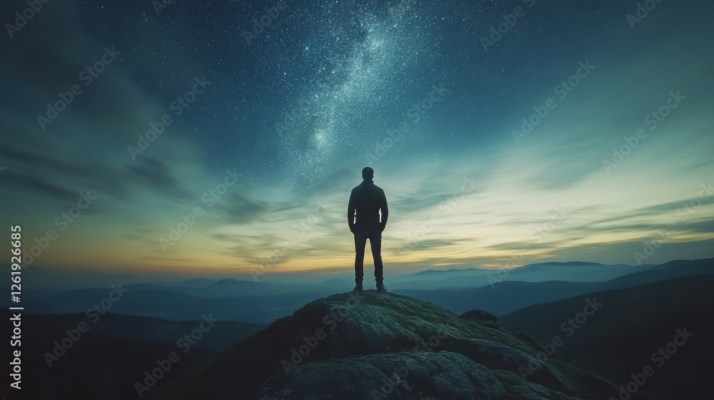 Fototapeta premium Silhouette gazing at celestial spectacle amidst mountain vista horizon