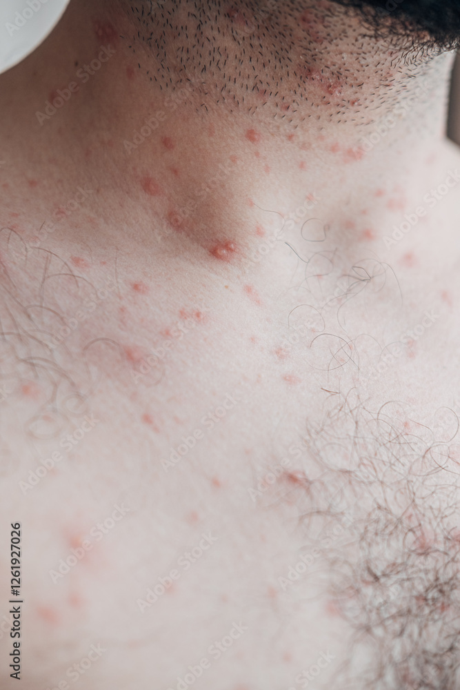 Fototapeta premium Adult man neck and body with strong aggressive varicella or chicken pox. Pink spots, papules, vesicles.