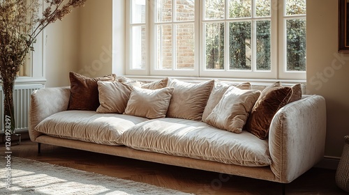 Beige Velvet Sofa with Cushions Near a Window