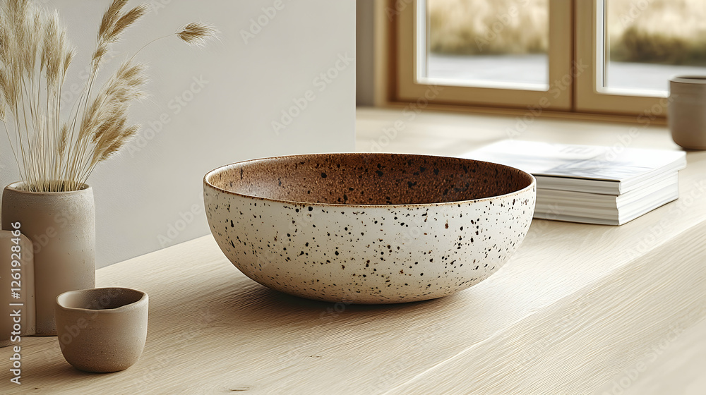 Speckled bowl on wooden table, near window, minimalist interior, home decor Speckled bowl on wooden table, near window, minimalist interior, home decor