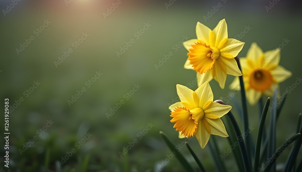 Obraz premium Yellow daffodils blooming in green meadow at sunset