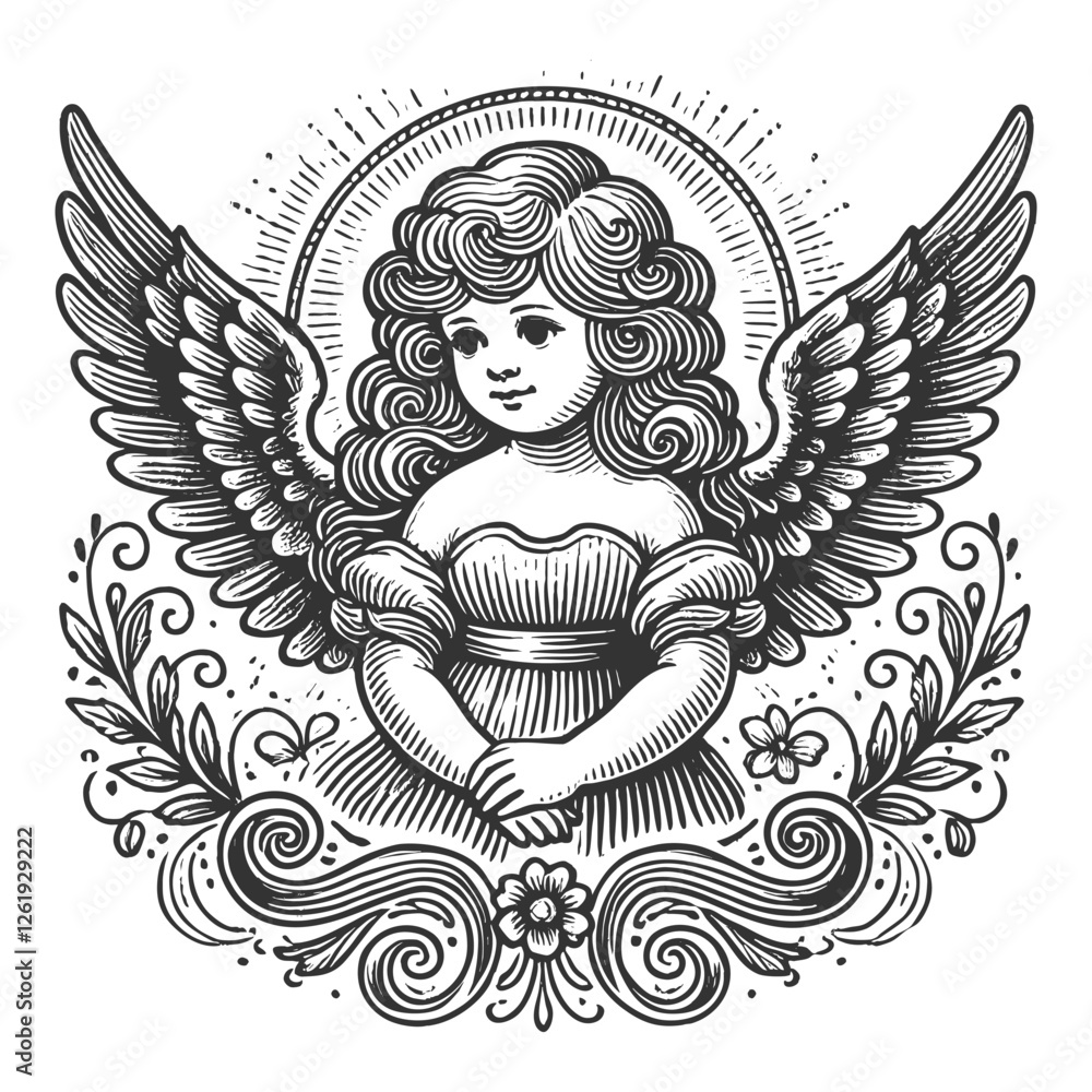Fotografie Serene Angel with Wings engraving vector