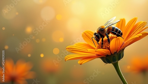 Honeybee collecting nectar from a yellow flower in golden light