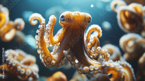 A captivating close-up of a vibrant, golden octopus with its tentacles curled, showcasing the unique texture and mesmerizing eye contact. photo