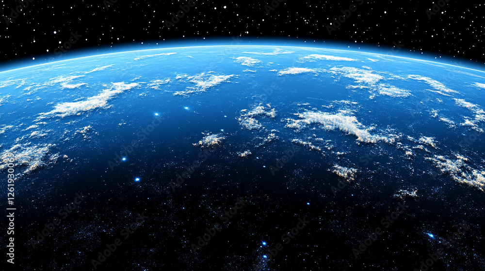 Fototapeta premium A stunning blue abstract view of a glowing planet from space with bright tones and a blurred background, creating a sense of vastness, mystery, and cosmic energy.