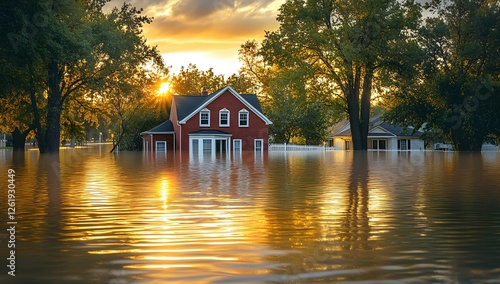 Flooded Suburban Home at Sunset photo