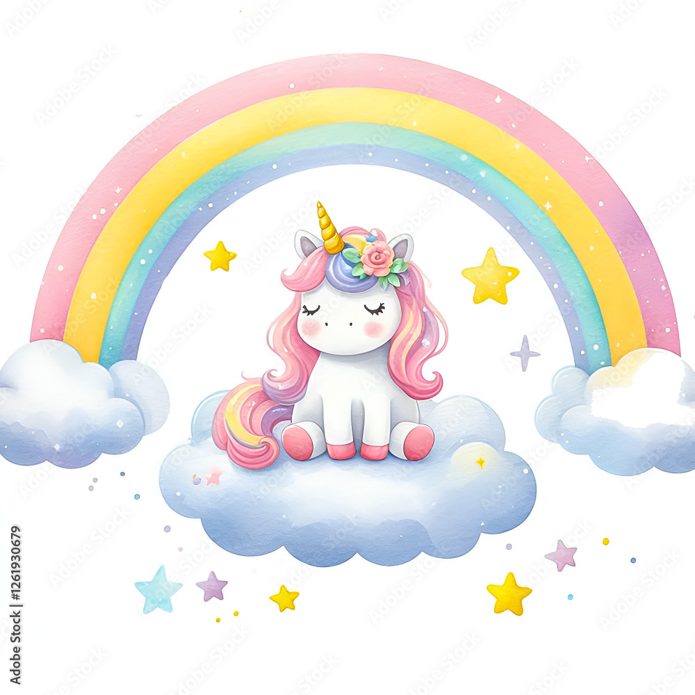 Cute unicorn sitting on a fluffy cloud with a rainbow arching overhead, surrounded by tiny sparkles and stars. Watercolor clipart illustration isolated on a white background Cute unicorn sitting on a fluffy cloud with a rainbow arching overhead, surrounded by tiny sparkles and stars. Watercolor clipart illustration isolated on a white background