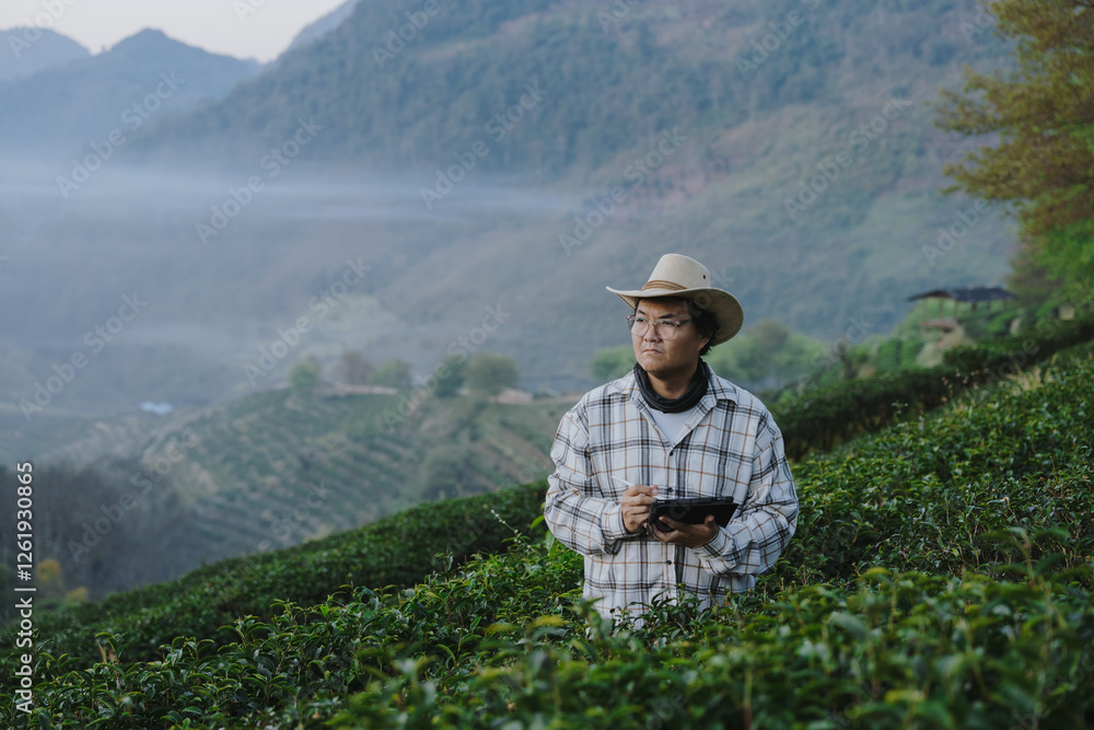 The owner of a world-class tea plantation inspects the quality and growth of tea leaves on his cold-weather farm.. The owner of a world-class tea plantation inspects the quality and growth of tea leaves on his cold-weather farm..