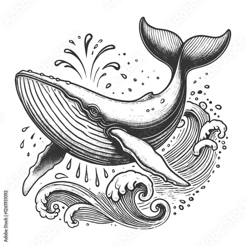 Humpback Whale Jumping from Waves engraving vector