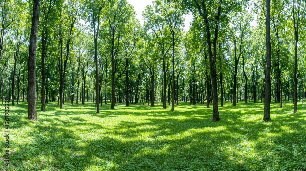 Lush Green Forest with Sunlight Dappled on Grassy Floor Lush Green Forest with Sunlight Dappled on Grassy Floor