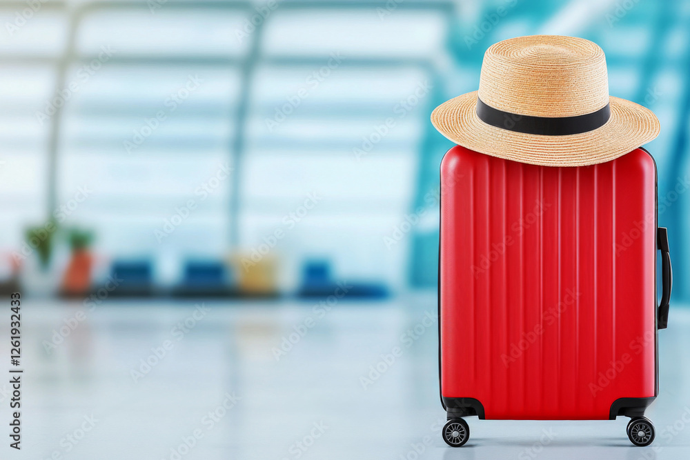 Obraz premium Red suitcase with straw hat in airport terminal. Vacation and travel preparation. Concept for travel, leisure, advertisement, tourism.