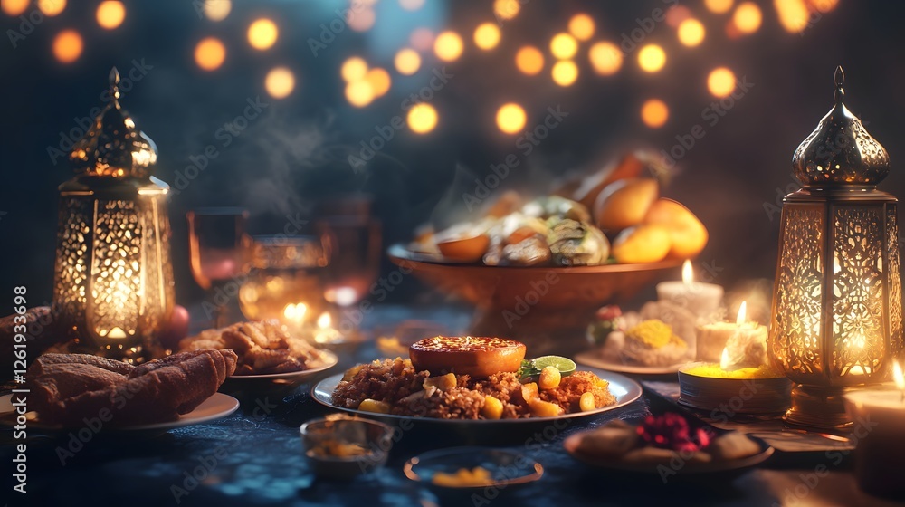 A Festive Iftar Table Setting: Warm Lights, Delicious Food, and a Serene Atmosphere A Festive Iftar Table Setting: Warm Lights, Delicious Food, and a Serene Atmosphere