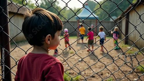A child looking through a fence at a playground where wealthy children are playing, while the other side shows poverty and decay, emphasizing access to opportunities, emotional contrast