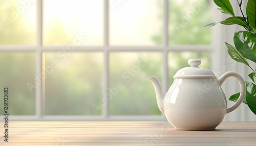 Teapot on wooden table by window with green background for health or relaxation. Generative AI