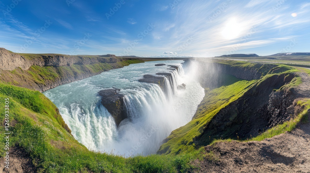 Iceland waterfall panorama, sunny day, green landscape, travel Iceland waterfall panorama, sunny day, green landscape, travel