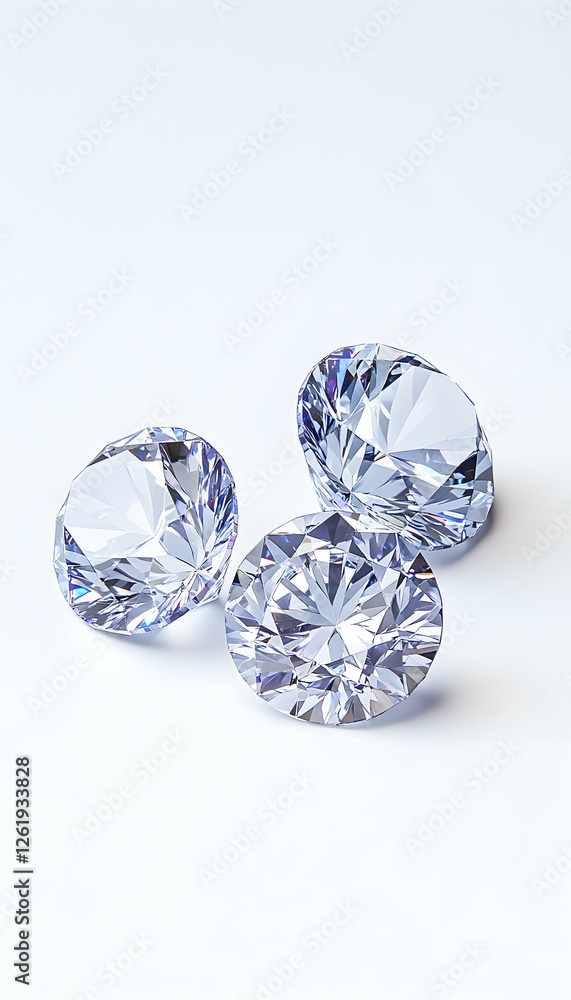 Three round cut gems sparkling on white surface for jewelry or luxury design. Generative AI Three round cut gems sparkling on white surface for jewelry or luxury design. Generative AI
