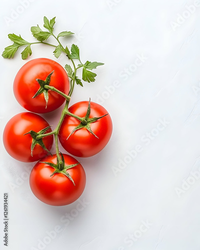 Vine tomatoes with parsley on white. Food blog, farm to table, cooking ads. Generative AI photo