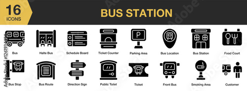 Bus Station solid icon set. Includes public, road, street, passenger, urban, and More. Solid icons vector collection.