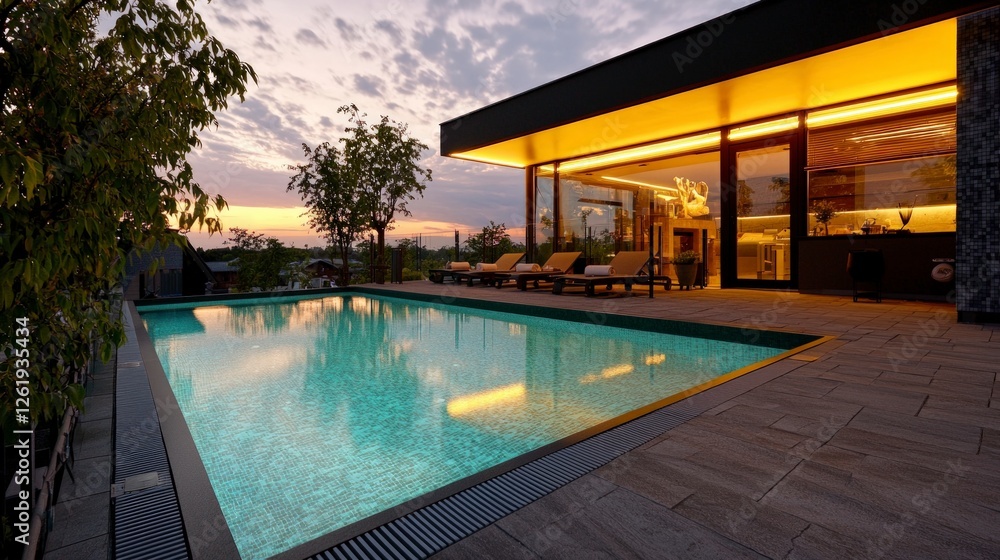 Fototapeta premium Modern Luxury Villa with Infinity Pool at Sunset
