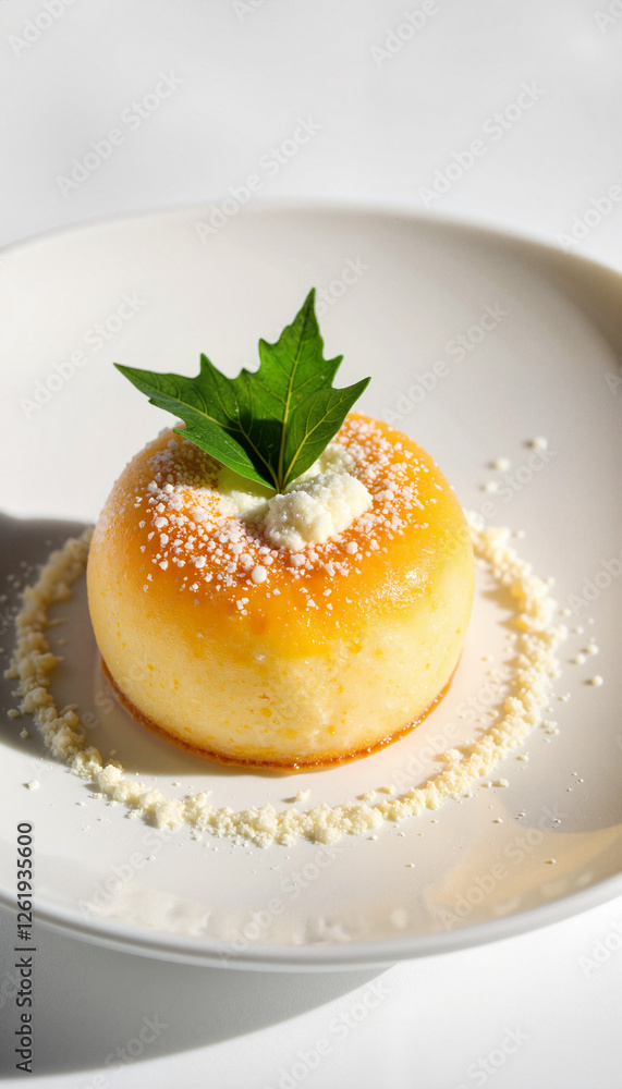 Gourmet bibingka with pandan leaves in minimalistic setting, food artistry Gourmet bibingka with pandan leaves in minimalistic setting, food artistry