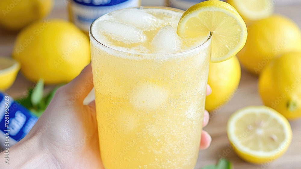 Hand holding a glass of lemonade with ice and lemon Hand holding a glass of lemonade with ice and lemon