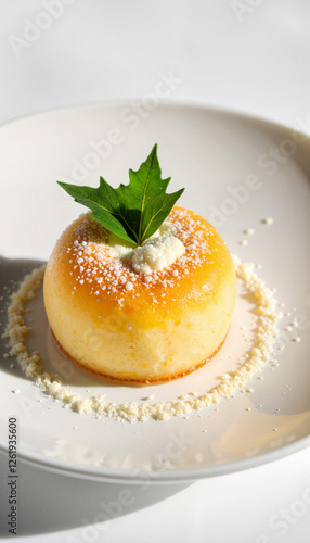 Gourmet bibingka with pandan leaves in minimalistic setting, food artistry photo