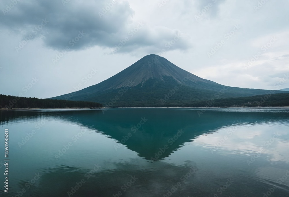 Still turquoise lake reflects a stark green mountain peak Still turquoise lake reflects a stark green mountain peak