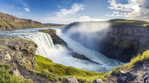 Iceland waterfall landscape, powerful river flows, sunny day, scenic view, travel photography