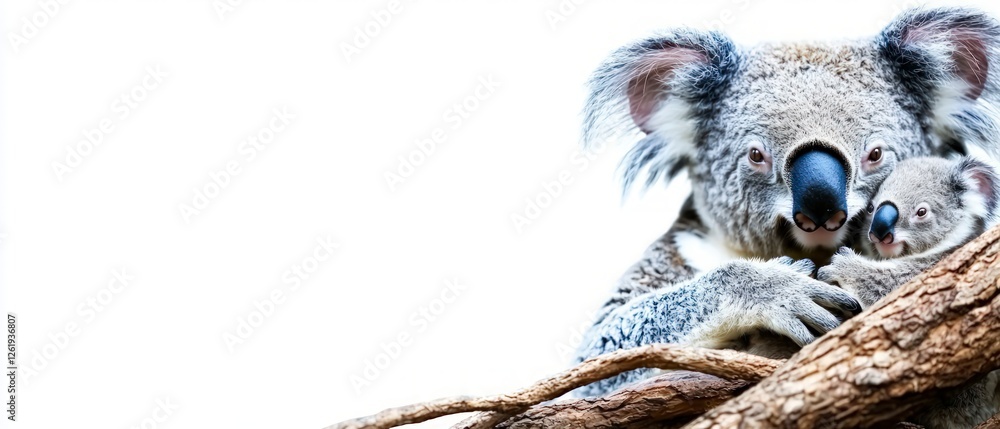Mother Koala Gently Hugging her Joey on a Branch Mother Koala Gently Hugging her Joey on a Branch