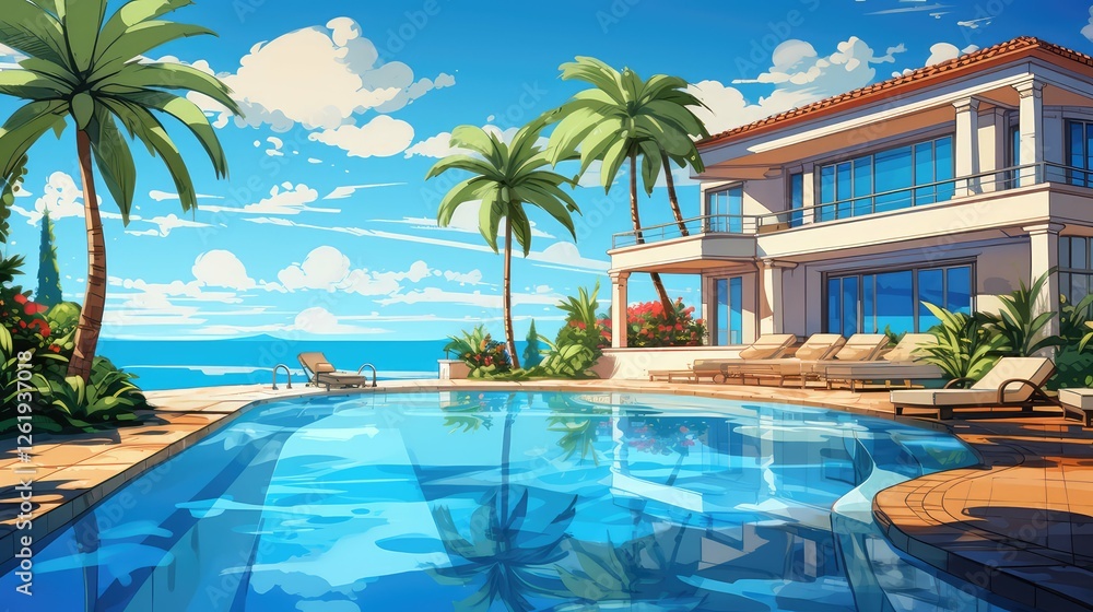 Fototapeta premium view cartoon house pool