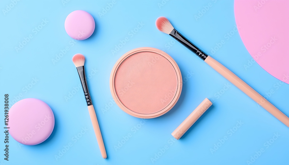 Blush, brushes and circles on blue background for beauty blog or cosmetics sale. Generative AI Blush, brushes and circles on blue background for beauty blog or cosmetics sale. Generative AI